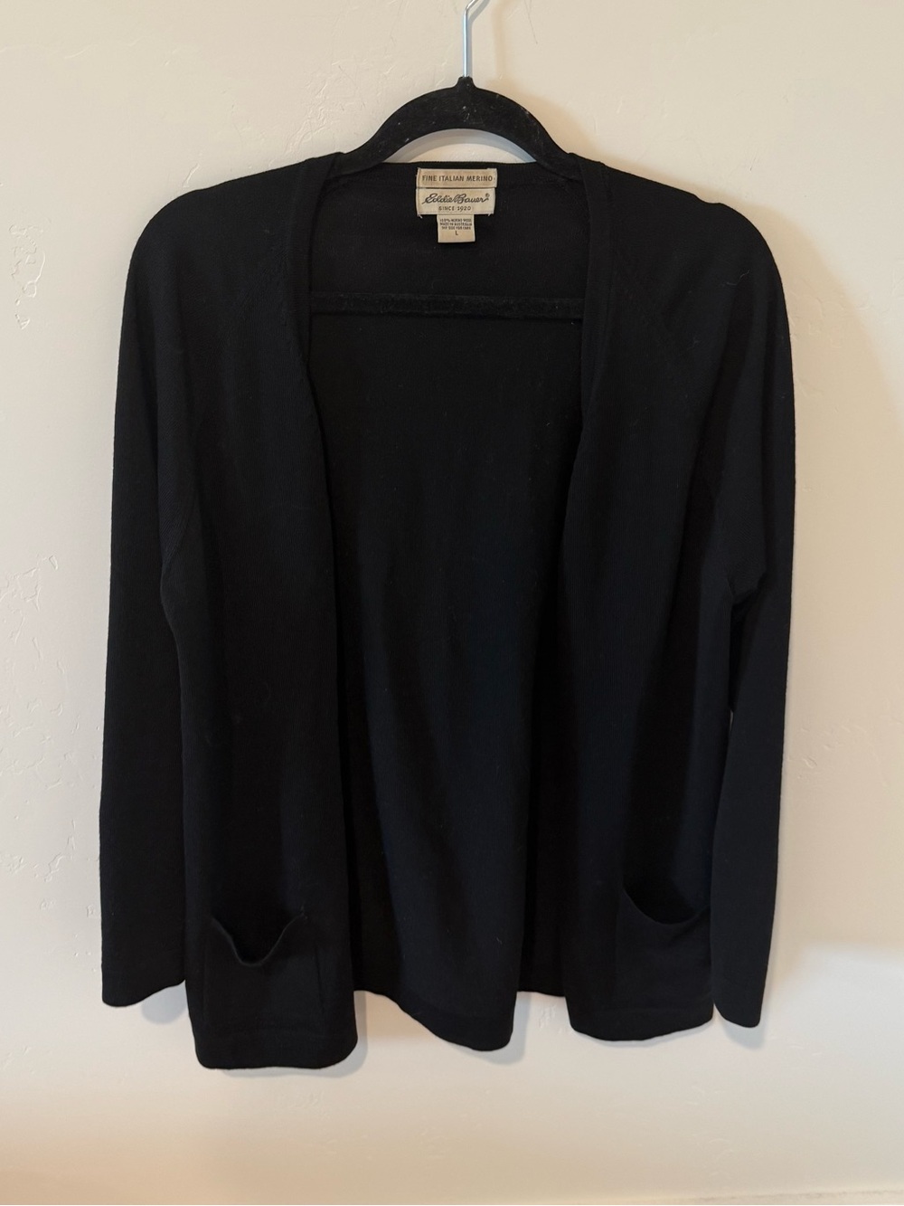 Eddie Bauer Vintage Black Open-Front Women's Cardigan Sweater Large Merino Wool